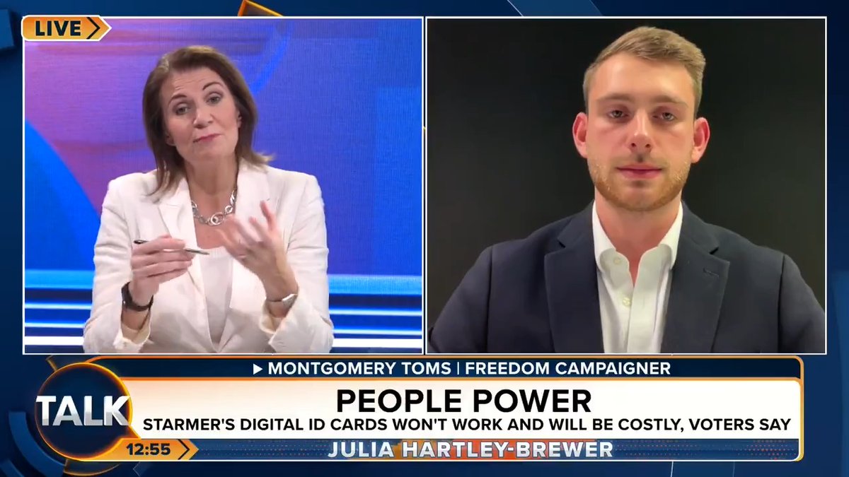 "We don't want to be tracked, surveiled and monitored. It's about our privacy and distancing the state away from the individual." Freedom campaigner Montgomery Toms says it's "shocking how out of touch Labour is with the British public" on Digital ID. Julia Hartley-Brewer
