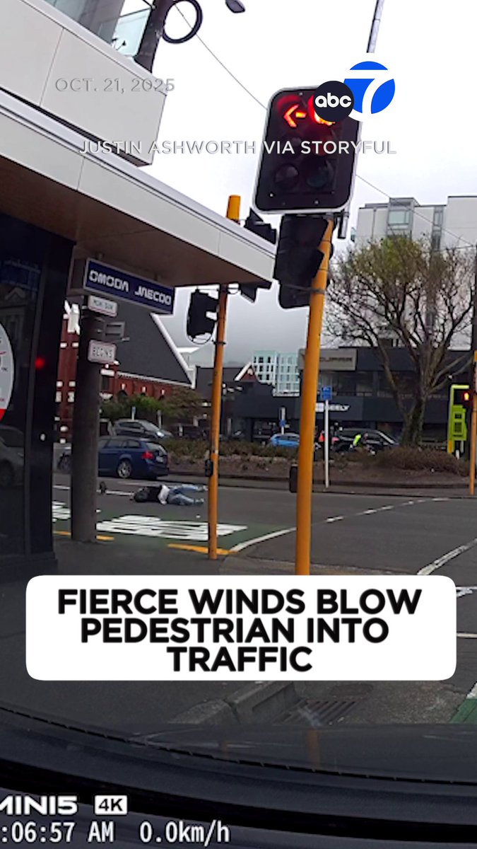 WILD! A pedestrian was thrust into traffic by deadly winds that battered large swaths of New Zealand.