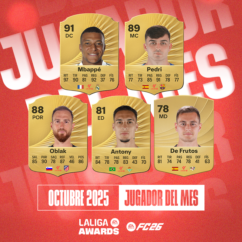 👀 Estos son los nominados al 𝐉𝐔𝐆𝐀𝐃𝐎𝐑 𝐃𝐄𝐋 𝐌𝐄𝐒 de octubre en #LALIGAEASPORTS! 🌟 Kylian Mbappé 🌟 Pedri González 🌟 Jan Oblak 🌟 Antony Santos 🌟 Jorge De Frutos #LALIGAPOTM | #PREMIOSLALIGA EA SPORTS FC ESPAÑA