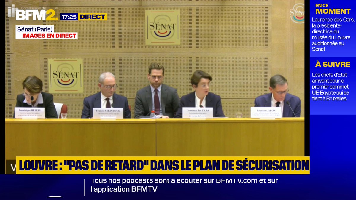 CAMBRIOLAGE DU LOUVRE : La présidente du musée du Louvre affirme avoir présenté sa démission à la ministre de la Culture Rachida Dati, qui l'a "refusée" (audition au Sénat).