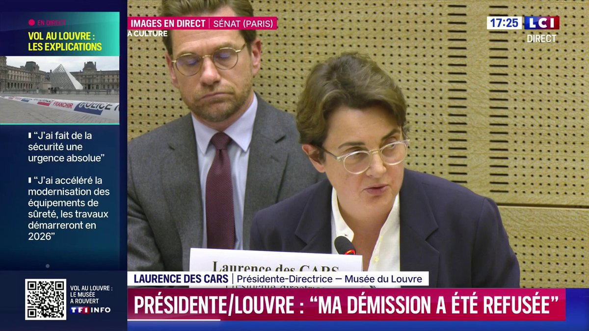 🔴 La présidente-directrice du musée du Louvre auditionnée au Sénat 🗣️ "Le système de sécurité tel qu'il est en place aujourd'hui dans la galerie d'Apollon a parfaitement fonctionné", assure Laurence des Cars