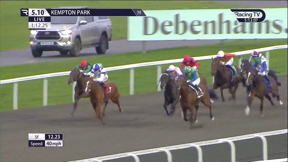 Instant hit! 🎆 The penny drops late for Mohaather colt Zennor Storm who comes home strongly to make a winning debut for Somerville Lodge Stables and Tom Marquand Kempton Park Racecourse