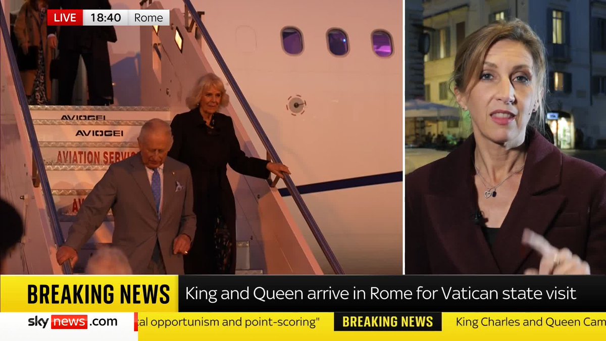 BREAKING: The King and Queen arrive in Rome for the Vatican state visit. The King will be the first monarch to pray with the Pope publicly in 500 years. Rhiannon Mills reports. 📺 Sky 501, Virgin 602, Freeview 233 and YouTube
