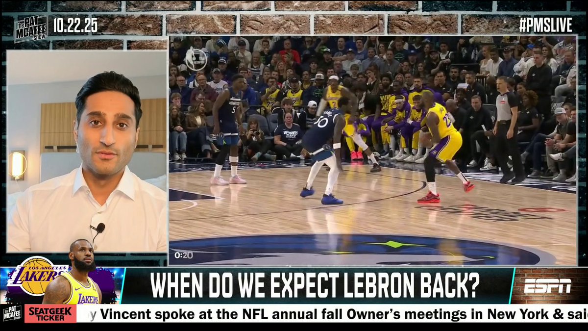 "Sources tell me he's going to be very, very patient with this injury. I'm told the Lakers and LeBron are looking at mid-Novemberish for him to make his debut." Shams Charania weighs in on LeBron James and when we can expect him to be back with the Lakers ✍️ (via Pat McAfee)