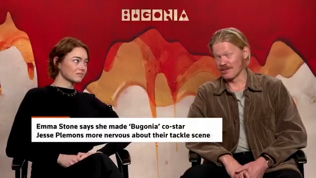 Actor Emma Stone returns to the big screen for the absurdist sci-fi comedy film ‘Bugonia.’ In an interview with Reuters, Stone and her co-star Jesse Plemons remembered a scene in the movie in which the actors got physical