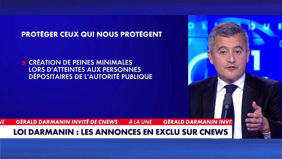 «La peine minimale sera d'un an de prison pour les agresseurs de policiers, de gendarmes et les personnes dépositaires de l'autorité publique», promet Gérald Darmanin, dans le cadre de son projet de loi, dans #100%Politique