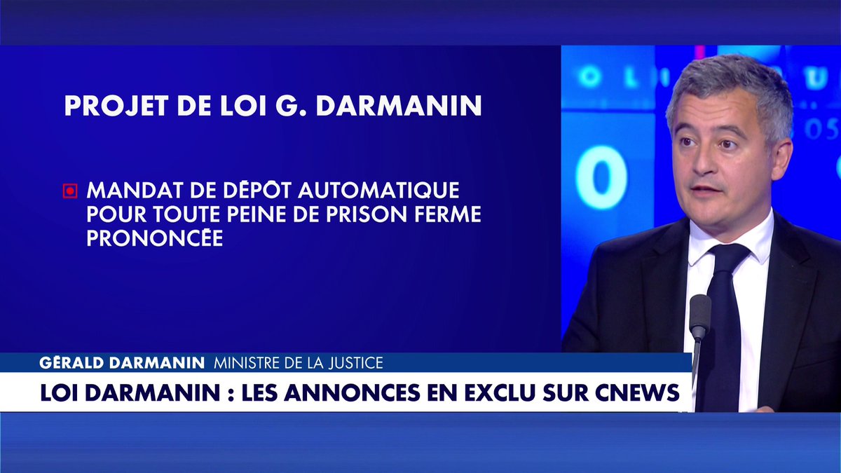 Le ministre de la Justice Gérald Darmanin dévoile son projet de loi instaurant un mandat de dépôt automatique pour toute peine de prison ferme prononcée : «Quand le juge dira prison, ce sera prison», dans 100%Politique