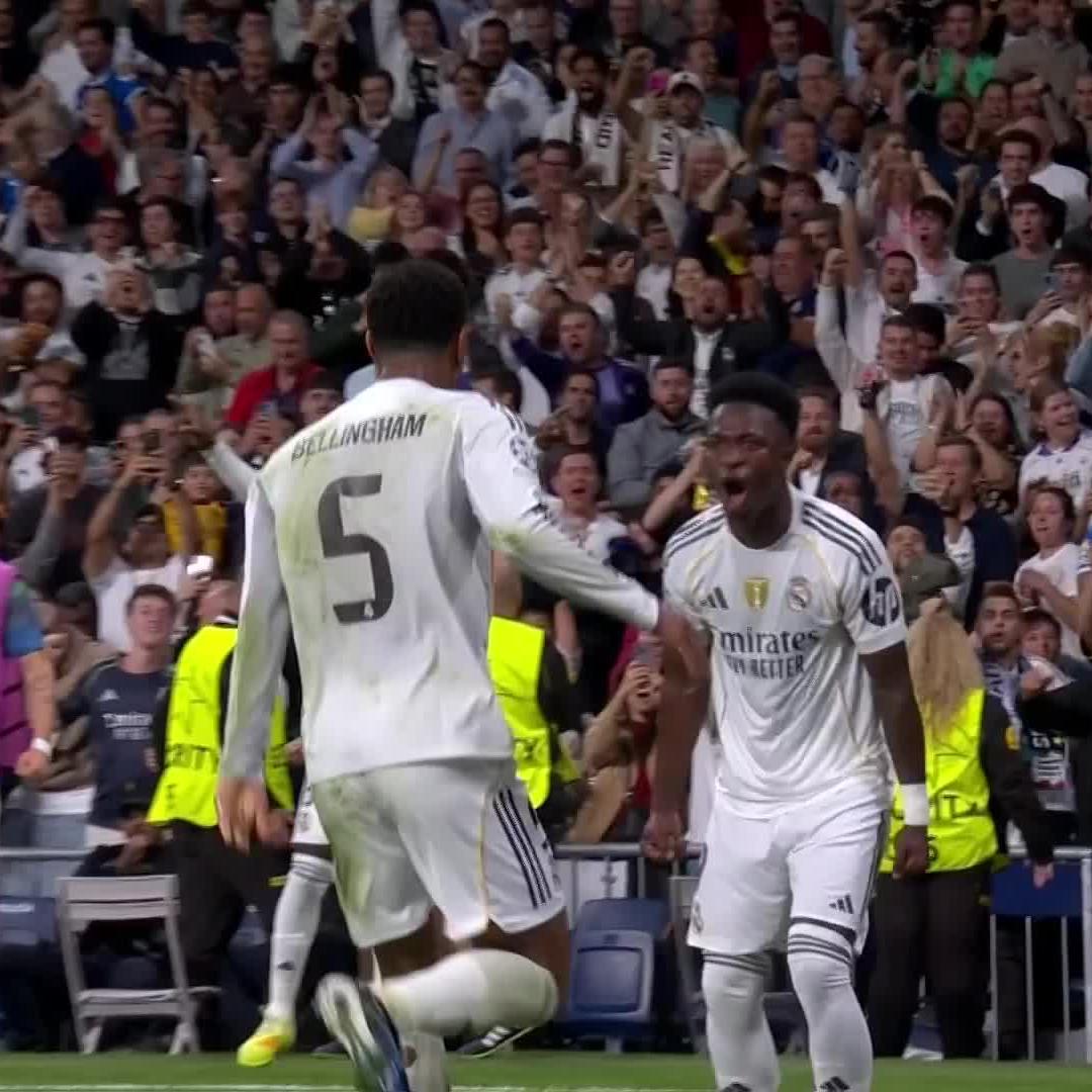 Vinícius Júnior weaves through defenders, Bellingham finishes it off 😮‍💨🪄 📺 Stream #UCL on DStv: