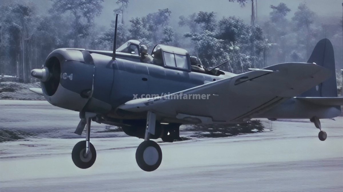 Some pretty cool inflight footage of Marine SBD Dauntless dive bombers launching from Piva Airfield, Bougainville in the Solomon Islands in April of 1944 heading out to drop eggs on the Japanese, I suspect.🫡
