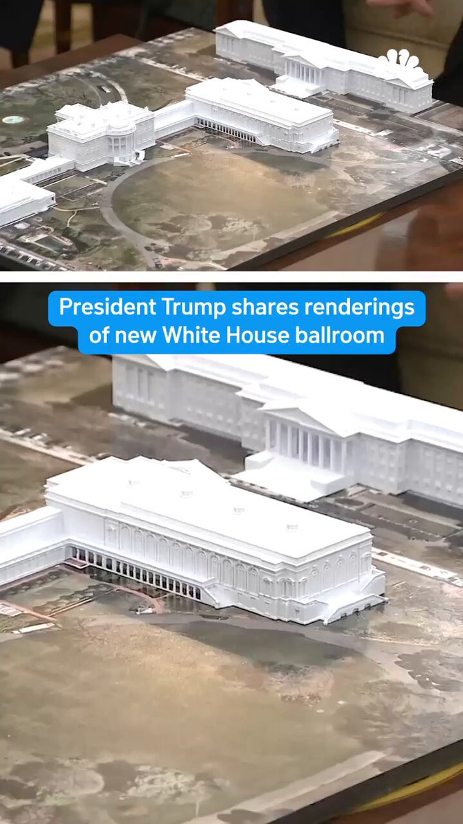 President Trump shares renderings of the new White House ballroom. Once completed, it will have a capacity for 999 guests and will be 90,000-square-foot. The ballroom is estimated to cost $250 million and is privately funded.