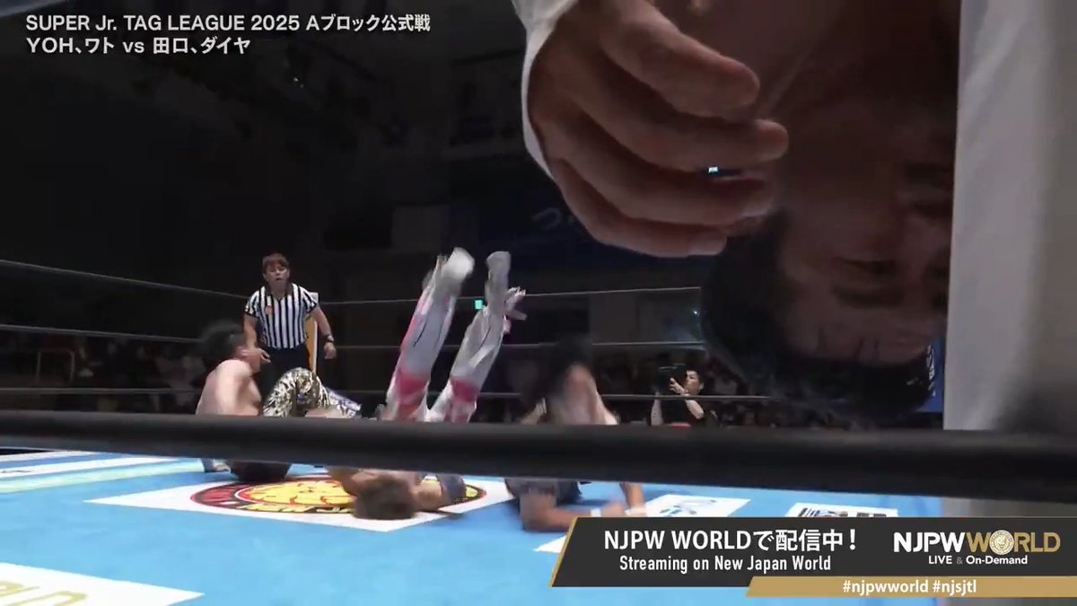 🪽SUPER Jr. TAG LEAGUE 2025🪽開幕戦‼️ #njsjtl 2025 Aブロック公式戦‼️ 田口戦闘不能により、2対1の構図に… 🆚 YOH & Master Wato(池田市スポーツ親善大使) × 田口隆祐(いわぬまPR大使) & ドラゴン・ダイヤ DragonDia #njpwworld で配信中📡 視聴&登録⏩「NJPW WORLD」で検索 #NJPW #njsjtl