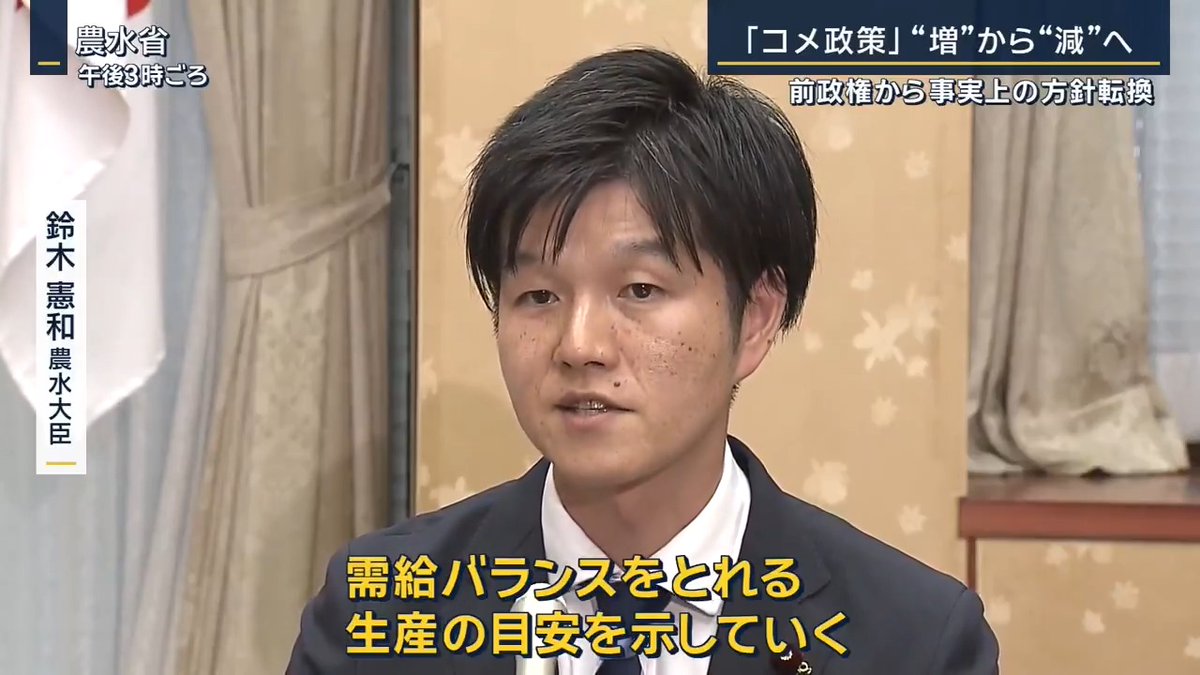 【前政権から大転換】コメ政策“増”から“減”へ | 鈴木憲和農水大臣 「今の状況は不足感がある状況では、もはやないと思っています」 「来年については安定的な生産に向けて需給バランスをとれる生産の目安を示していく」 ▼約5%の減産見通しに コメの生産量 2024年…679万t 2025年…748万t(増加見込み) 2026年のコメの需要量は最大711万tと想定 →生産量見通しも711万t程度に調整される見込み ▼前政権では2カ月前に“増産”表明 石破前総理(8月) 「今後の政策の方向性を次のように明確にします。増産かじをきる」 石破政権では米価の値上がりを“コメの増産”で対応すると表明 鈴木憲和農水大臣 「石破総理がどういう思いでああいう言い方をされたかは、石破総理から直接伺っていないので正直分からないですけど、ずっと増産トレンドでとれすぎちゃったもの、需要を超えたものは輸出をすればいいという発想だったのかなと推測をしています」 すぐに海外輸出を増やすのは現実的ではない →「国内の需要に応じた生産が基本」と説明 価格も市場の中で決まるべきものとの考えを示す ▼コメ農家は困惑の一方で― 沼南ファーム 橋本英介さん(51) 「短期間で発言が変わるというのはすごく嫌ですね」 「備蓄米を放出したり、価格介入を政府はしてきた」 「それに対して鈴木大臣はブレーキというか、“市場に価格は任せる”ということをおっしゃっているので、“頑張れば稼げる”というマインドになりつつある」 2023年時点では95%の農家が赤字というデータも コメの平均価格は5kgあたり4142円 →増産からの方針転換で高止まりが続くという見方も ▼お米券の配布などを検討 鈴木憲和農水大臣 「今まで農林水産業の世界は、残念ながらこのデフレという経済もあって、安いものを極度に追い求めざるを得なかった実態もあって、コスト割れでも生産をせざるを得なかった」 「ぜひ私は消費者の皆さんにご理解をいただきたいことは、やっぱり最低限、翌年も再生産ができる」 「これは翌年だけではなくて機械設備の更新もかかりますから、10年先や20年先に向けて設備投資もできる、そういった価格で買っていただける」 「そのことをぜひご理解いただきたい」