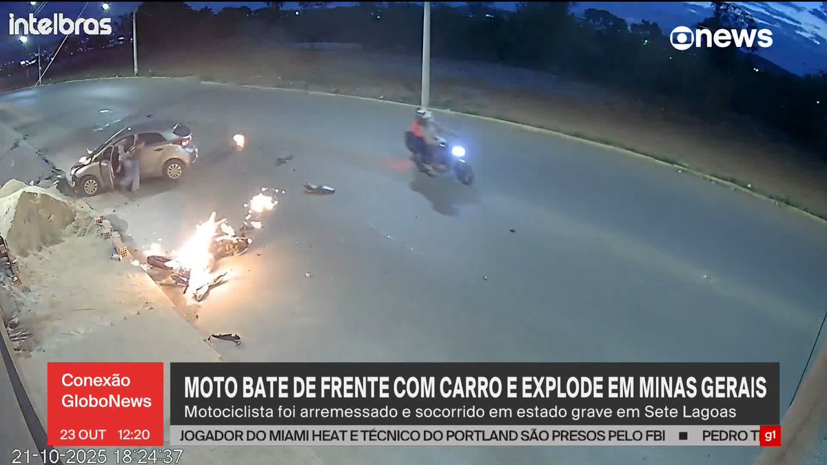 Motorista invade contramão e bate de frente com moto em Sete Lagoas, Minas Gerais. Com o impacto, o motociclista foi arremessado e a moto pegou fogo. O condutor da moto está em estado grave. #ConexãoGloboNews ➡️ Assista à #GloboNews: