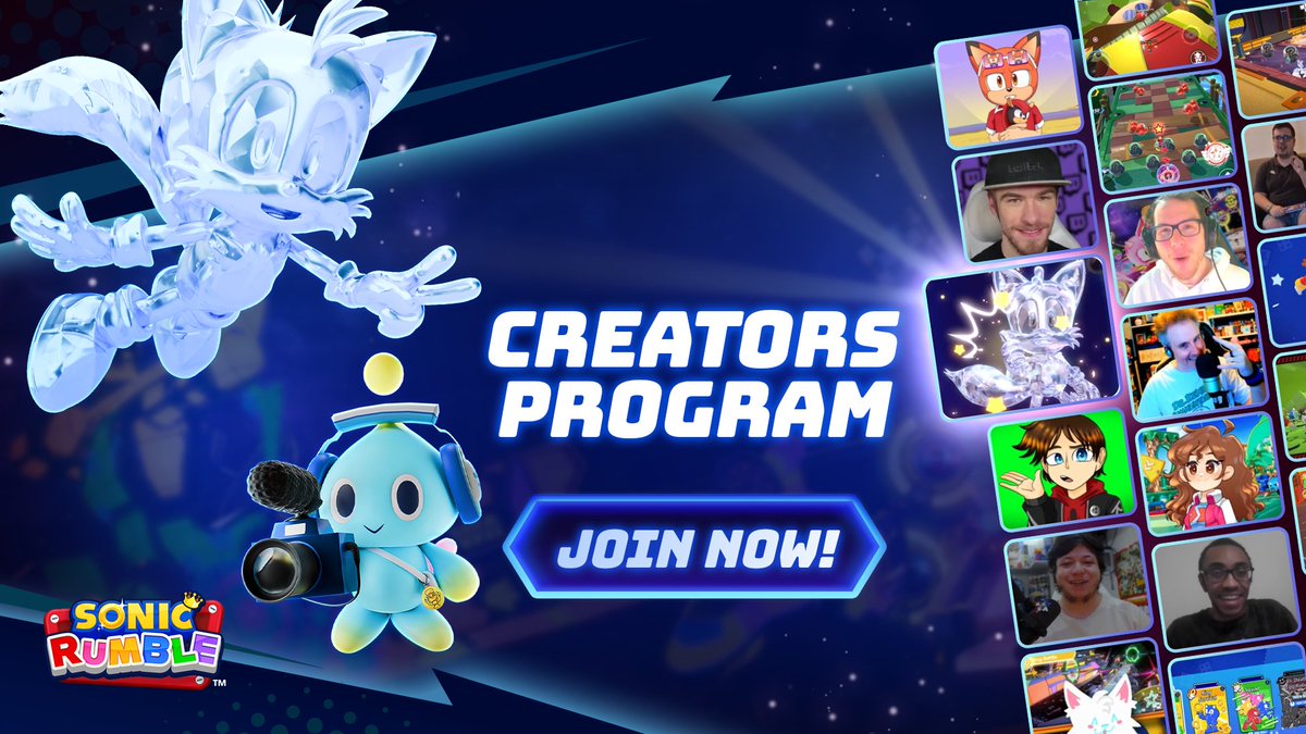 Creators, we’re calling you! 🎥 The Sonic Rumble Creators Program has just opened up again ahead of Global Launch for a limited time. 💎 Crystal Tails Skin 📷 Creator Buddy ⏱️ Early Access 📈 Creator Codes with Revenue Share