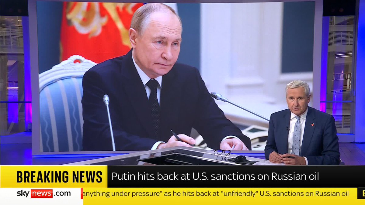 BREAKING: Putin hits back at US sanctions on Russian oil. He says the sanctions won't affect Russia's economy, but described them as an "unfriendly act" that doesn't strengthen its relations with the US. 📺 Sky 501, Virgin 602, Freeview 233 and YouTube