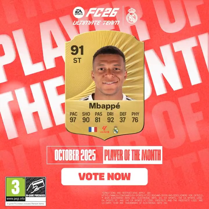 🔥 The scoring streak continues, and Kylian Mbappé is once again among the nominees for LALIGA English’s POTM! 📩 Vote for him here! 🎮 EA SPORTS FC