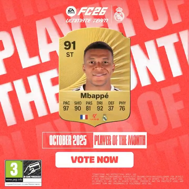 🔥 ¡La racha de goles sigue y Kylian Mbappé vuelve a estar entre los nominados al POTM de LALIGA! 📩 ¡Vota por él! 🎮 EA SPORTS FC