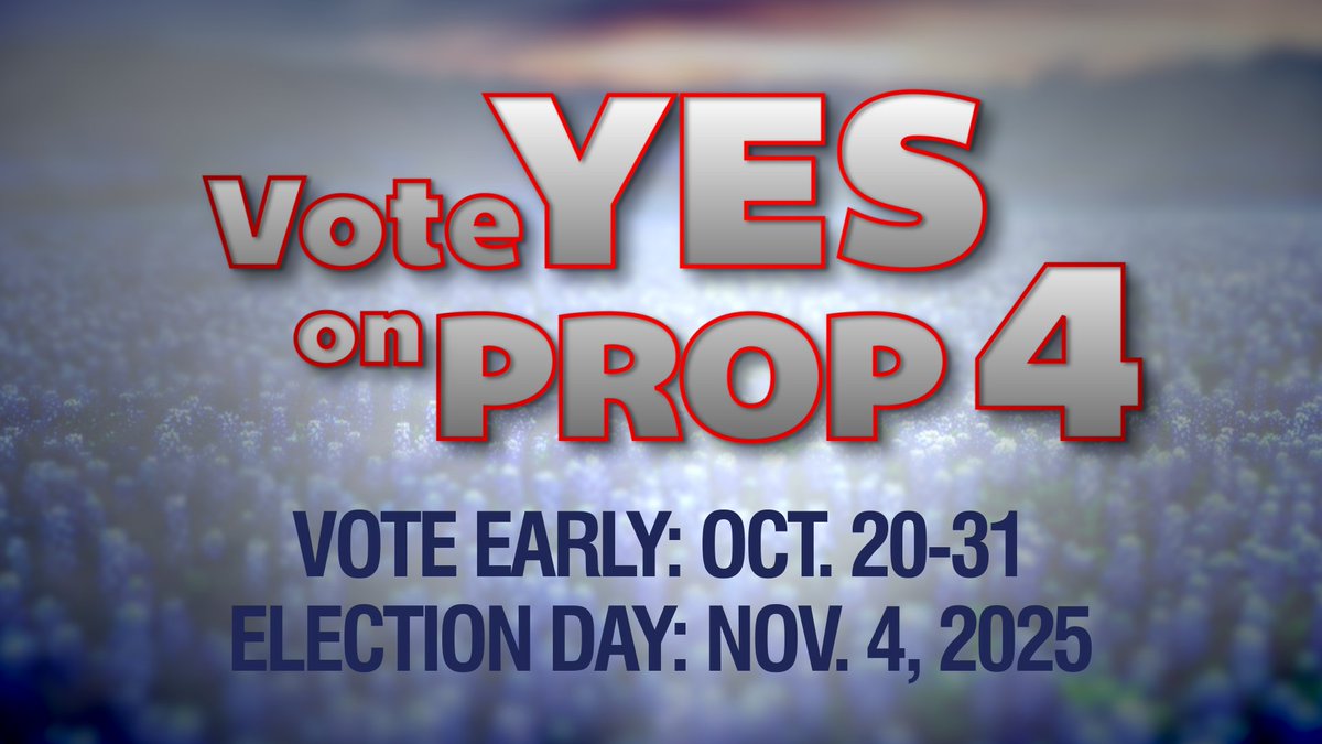 Prop 4 creates the Texas Water Fund to expand and improve our water infrastructure. Vote 𝐘𝐄𝐒 on 𝐏𝐫𝐨𝐩 𝟒 to secure Texas’ water future. Early voting runs through Oct. 31. Election Day is Nov. 4. Go vote! #txlege