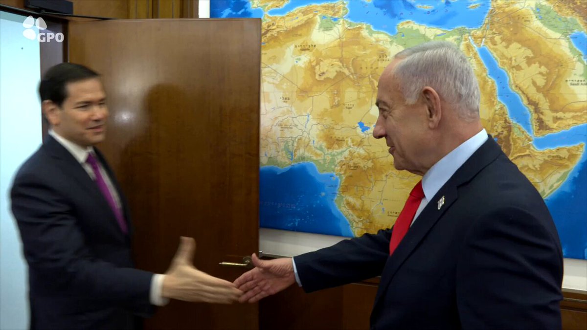 Prime Minister Benjamin Netanyahu alongside US Secretary of State Marco Rubio, after their meeting: "Secretary Marco Rubio, Marco, welcome again to Jerusalem. We've had incredible visits. First by President @realdonaldTrump, in the Knesset, something that will be etched in our history.