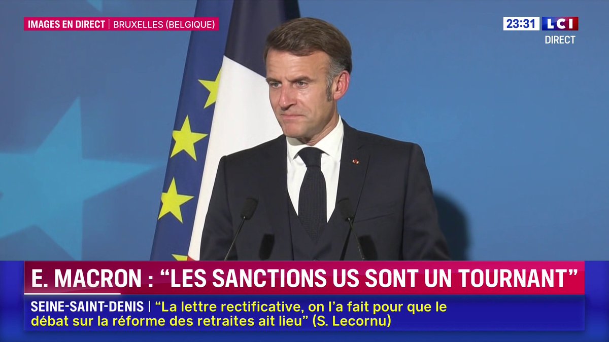 🔴🗣️ "Sur la question ukrainienne, je pense que c'est un tournant ce qui vient de se passer : les Etats-Unis ont décidé des sanctions massives sur les deux principaux acteurs de l'exportation de pétrole russe", réagit Emmanuel Macron à l'issue du Conseil européen.