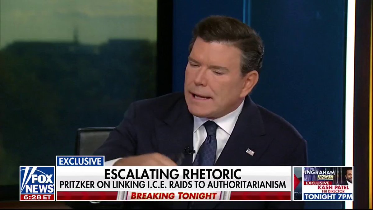 ESCALATING RHETORIC: Bret Baier presses Illinois Gov JB Pritzker on whether his comments "demonizing ICE agents" contribute to threats and violence Pritzker: "The thing that we're demonizing is when ICE agents aren't following protocols, when they aren't acting like law enforcement should act. They're instead literally racially profiling."