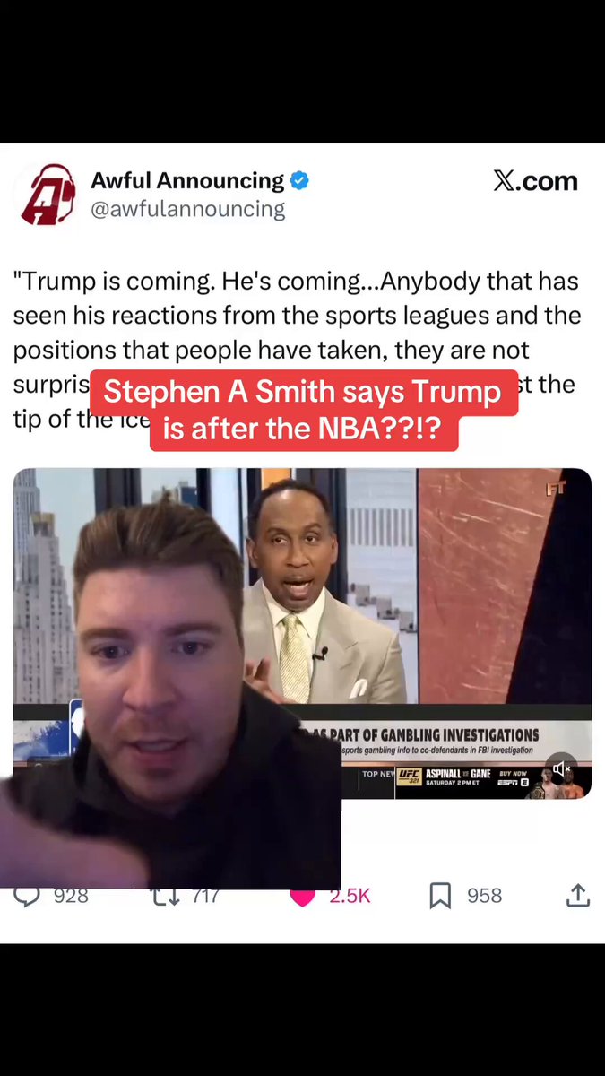 Stephen A Smith seemingly suggests Trump is behind today’s arrests of Billups and Rozier. He says Trump is “coming” for every sports league. “WNBA is next” NOTE: this investigation has been going on for 4 years and started while Biden was president.