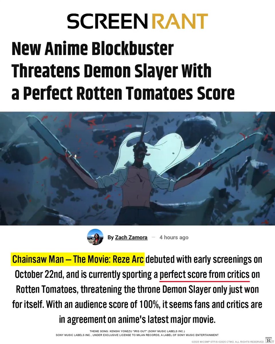 Tick… tick… BOOM. Chainsaw Man - The Movie: Reze Arc is now 100% on Rotten Tomatoes, and now playing exclusively in theatres, in Premium Formats and IMAX. Get tickets now! #ChainsawManMovie