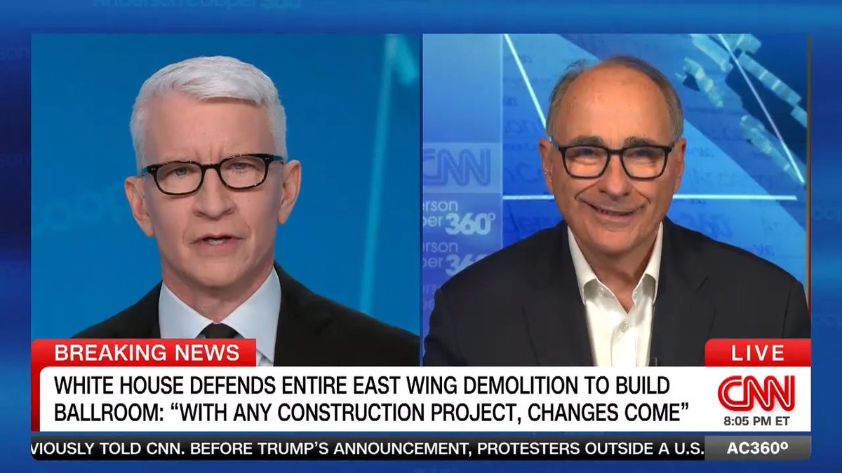 "He thinks he has the authority to go and destroy what is essentially a sacred, historic site, and put up a palace because he thinks he's a king": David Axelrod, former senior adviser to Pres. Obama, on President Trump's proposed 90,000-square-foot ballroom.