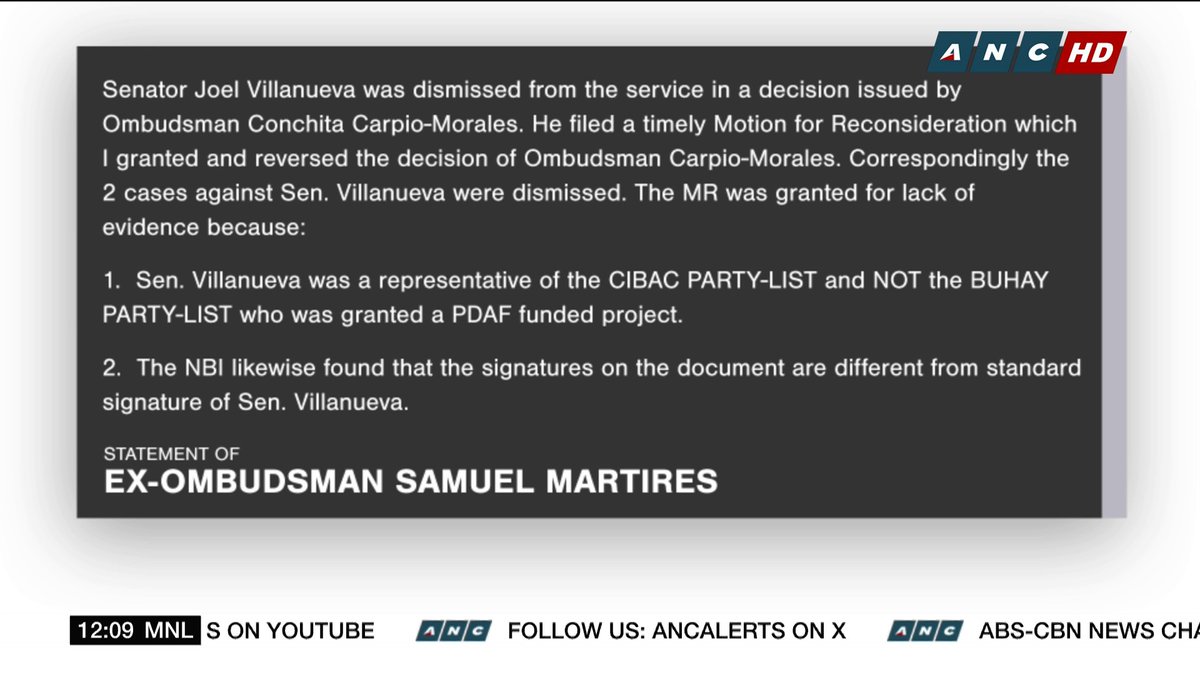 Former Ombudsman Samuel Martires said that although he does not recall all the details of Sen. Joel Villanueva's dismissal order case, he remembers granting Villanueva's motion for reconsideration in 2019, adding that he is "very sure" it was filed on time. #DatelinePhilippines