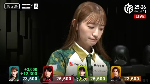 #Mリーグ 2025-26試合ダイジェスト📹 東2局1本場、中田花奈選手 の跳満のアガリ！ 浅見選手が🀐🀓待ちの先制リーチに出るも 赤2内臓の中田選手が🀕🀘待ちで追いかけリーチ！ 結果は中田選手が高め🀕で浅見選手から出アガリ！ 裏ドラ1枚の12000で一歩リード！ 👇今すぐ無料視聴