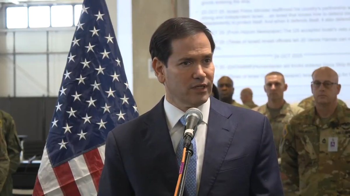 Secretary of State Marco Rubio speaks to the press at the Civil-Military Coordination Center.