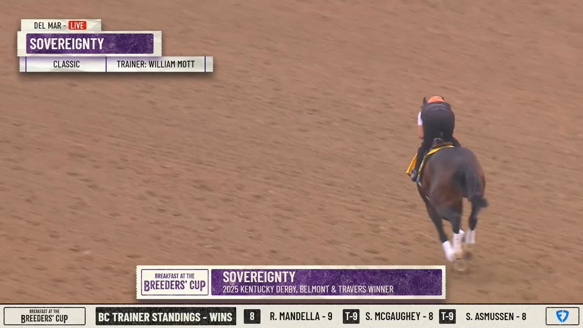 The Kentucky Derby &amp; Belmont Stakes winner Sovereignty takes to the Del Mar Racetrack track this morning! #BC25
