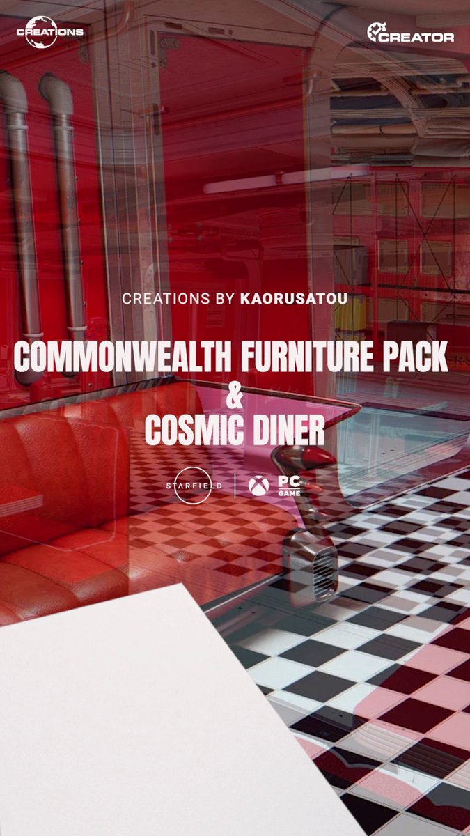 Keep the Fallout Day celebrations going with this pair of achievement-friendly Creations by KaoruSatou! 🍽️ Cosmic Diner: 1950s diner themed furniture for your outposts and ships, including items with Nuka-Cola themes! 🛋️ Commonwealth Furniture Pack: Adds a selection of Fallout 4-inspired furniture for your outposts and ships.