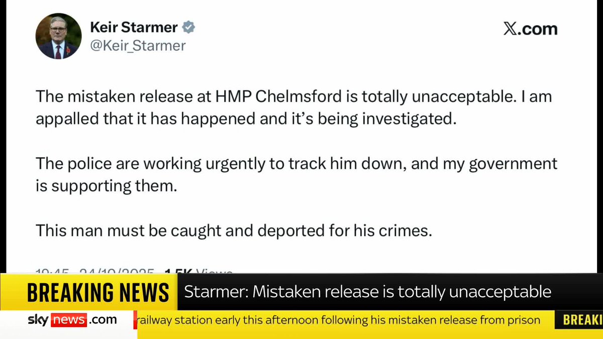 BREAKING: Prime Minister Keir Starmer condemns the mistaken release of the Epping hotel asylum seeker. 📺 Sky 501, Virgin 602, Freeview 233 and YouTube