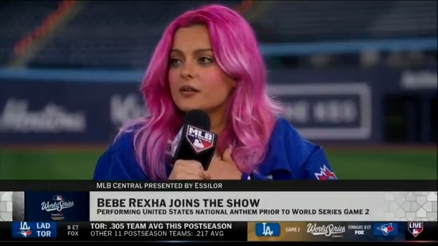 .Bebe Rexha joins us on MLB Network!!! 🎤⚾️ The Grammy award winner stopped by #MLBCentral ahead of her U.S. national anthem performance tonight at the #WorldSeries!
