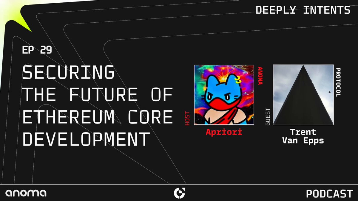 Securing the Future of Ethereum Core Development In this episode of Deeply Intents (🎙️,🎧), I chat with trent.eth of Ethereum Foundation & Protocol Guild. If you build or rely on Ethereum you should give this a listen. In this episode we discuss: - What is Protocol Guild - Why projects should care - Parallels to Linux - Funding the Ethereum Commons - In protocol funding mechanisms - Compensation report Time stamps 0:00 - Architecture to Ethereum 03:46 - KZG summoning ceremony 06:33 - What is Protocol Guild? 11:35 - Why should projects care? 14:04 - Protocol Guild membership 17:57 - The Ethereum Commons 21:25 - Onchain organizations 27:56 - Learning from Linux 34:05 - Protocol Guild pledge 41:07 - In protocol funding mechanisms 46:01 - Protocol Guild FUD 52:23 - Compensation survey 57:23 - Survey feedback 1:02:30 - PG in 5-10 years 1:08:36 - Exciting Ethereum upgrades
