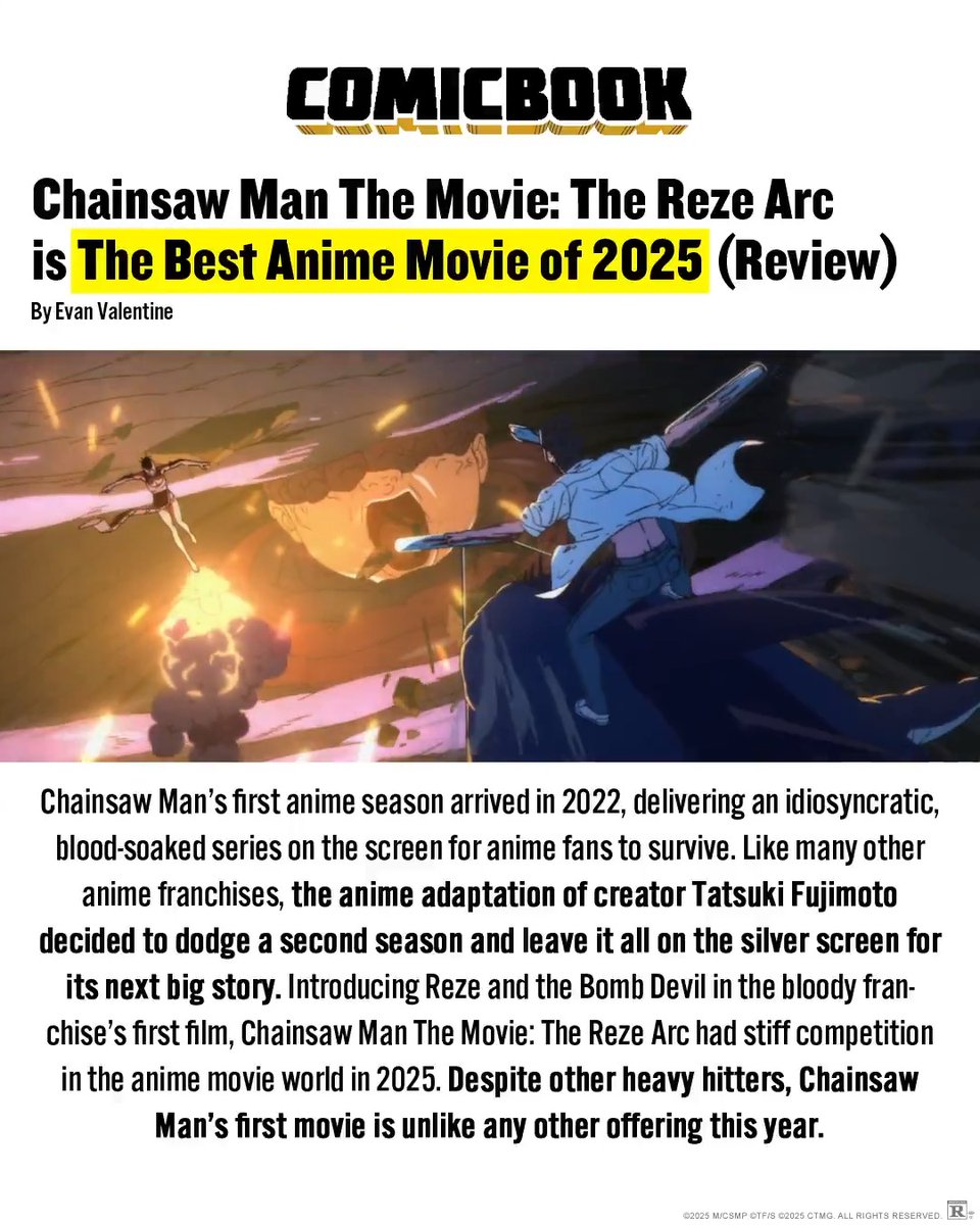 Don’t miss the best anime movie of 2025. Chainsaw Man - The Movie: Reze Arc is Verified Hot on Rotten Tomatoes and now playing exclusively in theatres, in Premium Formats and IMAX. Get tickets: #ChainsawManMovie
