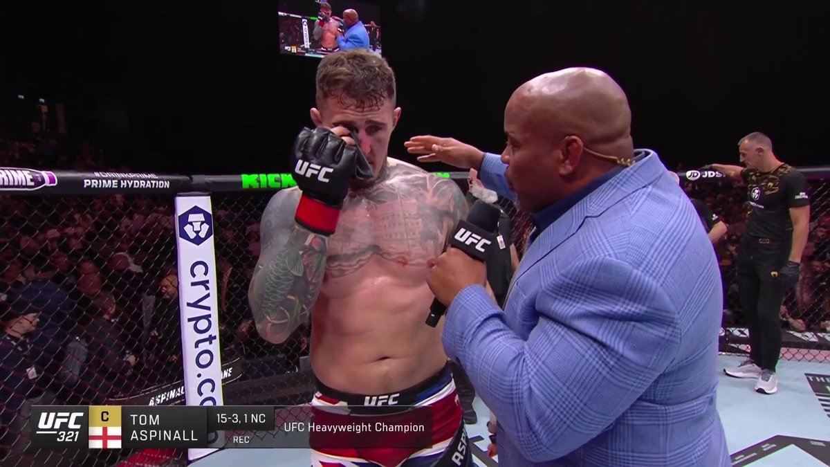 Tom Aspinall speaks to Daniel Cornier after his fight with Ciryl Gane is declared a no contest. #UFC321