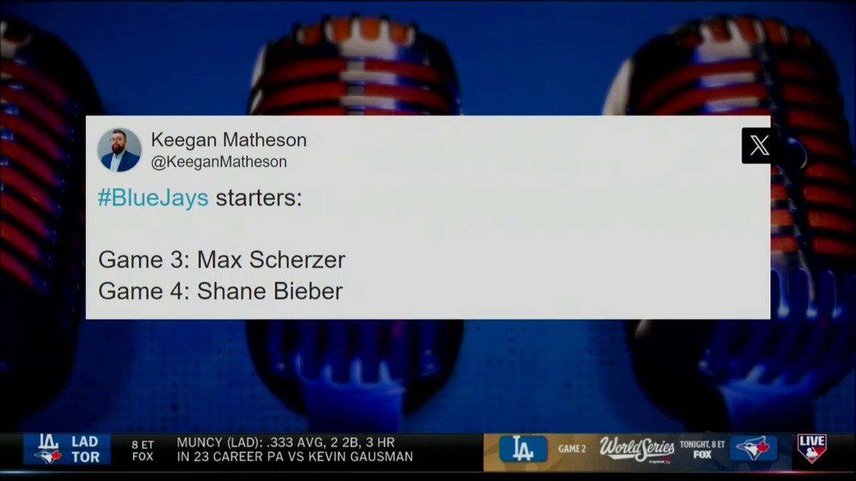 Game 3: Max Scherzer Game 4: Shane Bieber The crew reacts to Toronto's pitching plans for the first two games at Dodger Stadium. Siera Santos | RyanDempster | Kevin Millar