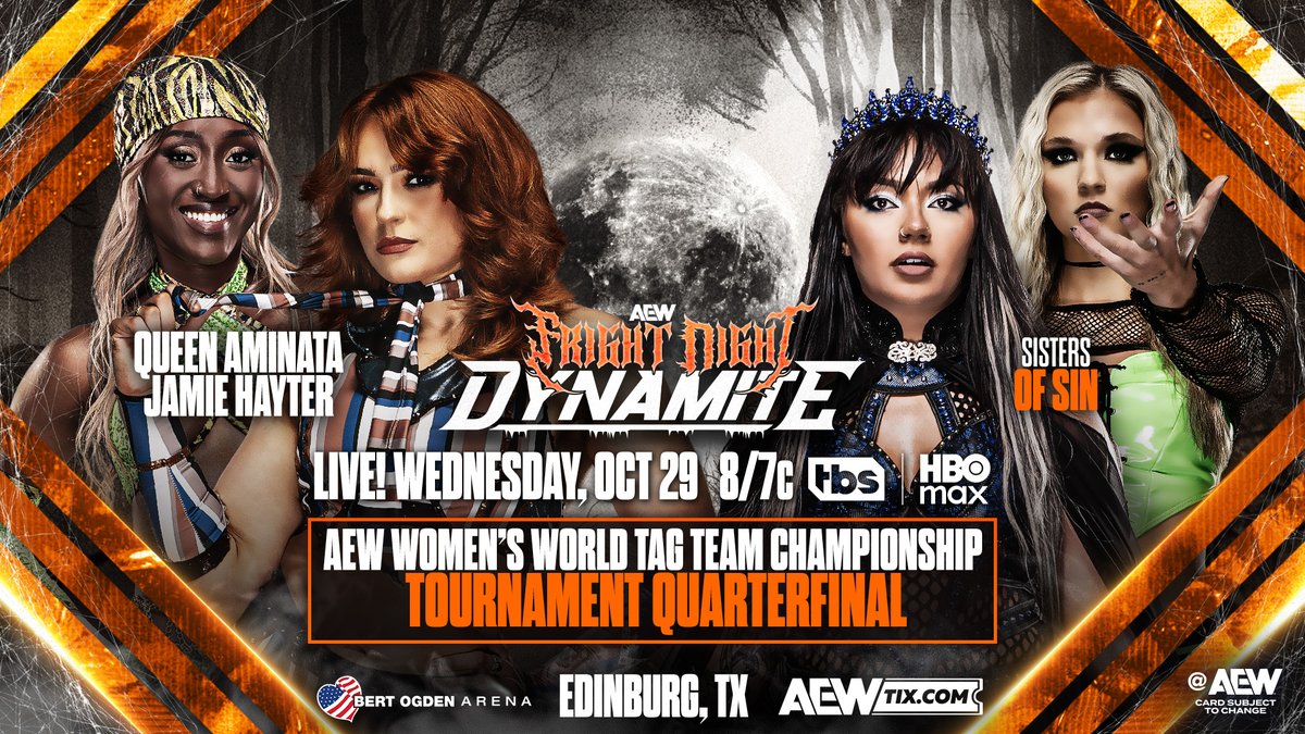 This Wednesday at Fright Night #AEWDynamite, the #AEW Women’s World Tag Team Championship Tournament begins! The Sisters of Sin and JAMIE HAYTER & Queen Aminata クィーンアミナタ share their thoughts ahead of their quarterfinal battle! Watch #AEWCollision on TNT & HBO Max