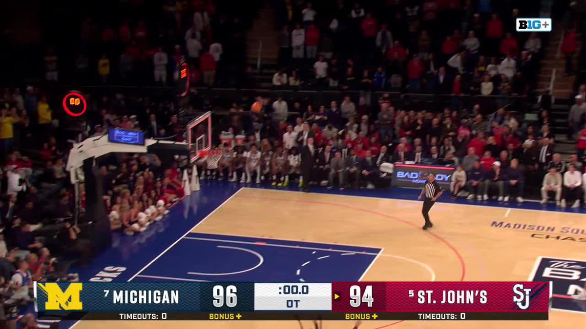 That was a wild exhibition. No. 7 Michigan Men's Basketball outlasts No. 5 St. John's, 96-94, in OT at MSG. (And look at how close the final shot was to going in 😱)