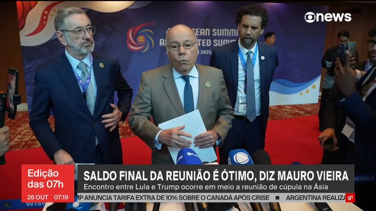 'Trump quer ir ao Brasil', diz o chanceler brasileiro Mauro Vieira após encontro entre os dois presidentes na Malásia, neste domingo (26). #Edição07 ➡️ Assista à #GloboNews: