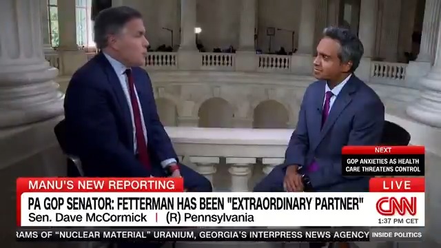 NEW: "I think he's been an extraordinary partner to me... I trust him." Republican Sen. Dave McCormick praises his Pennsylvania counterpart, Democratic Sen. John Fetterman. He tells Manu Raju he hasn't urged Fetterman to change parties. #InsidePolitics