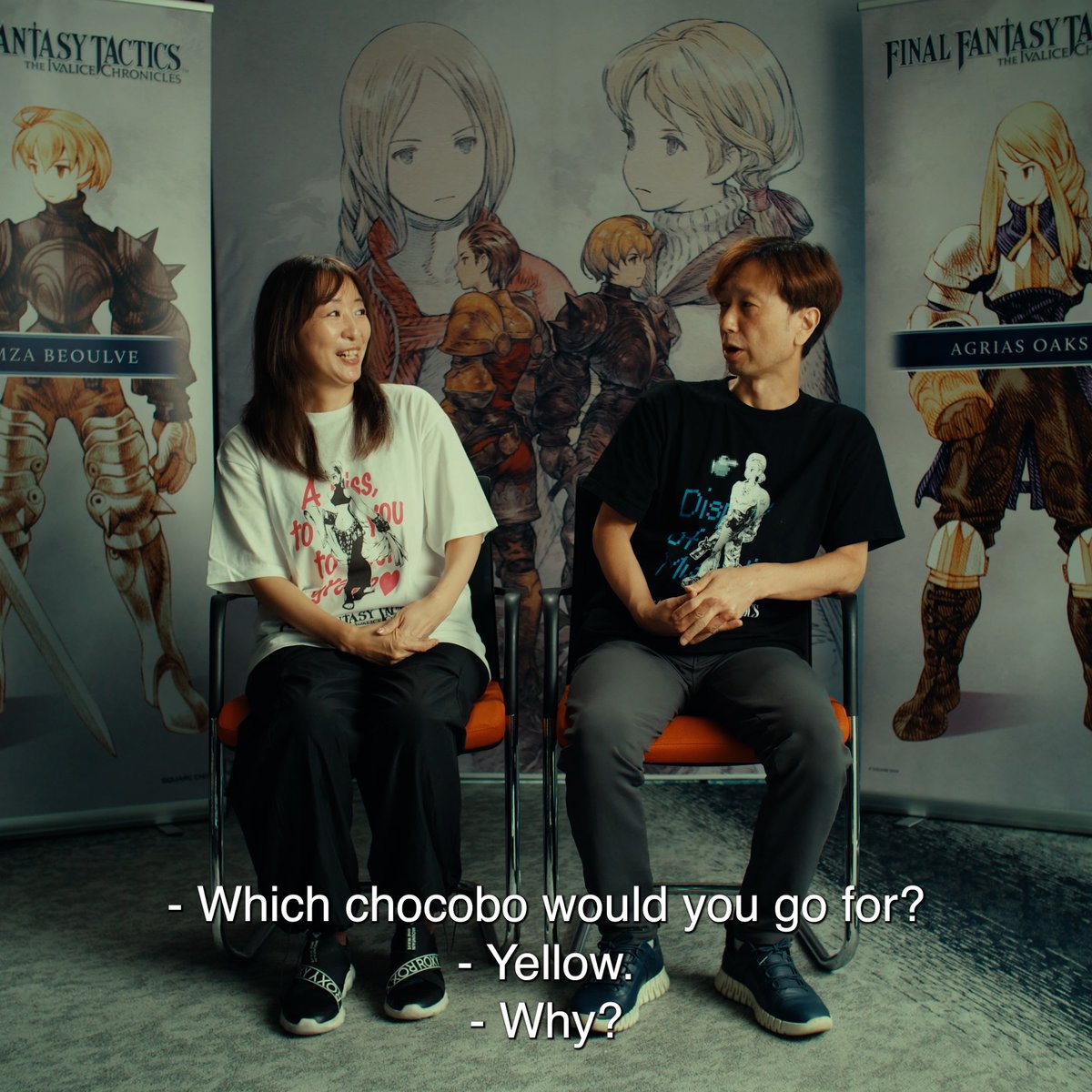 Yellow, red, or black: wark chocobo would you pick? We posed this question and more to Kazutoyo Maehiro and Ayako Yokoyama, the director and co-director of Final Fantasy Tactics - The Ivalice Chronicles. Watch the Q&A on the Final Fantasy YouTube: