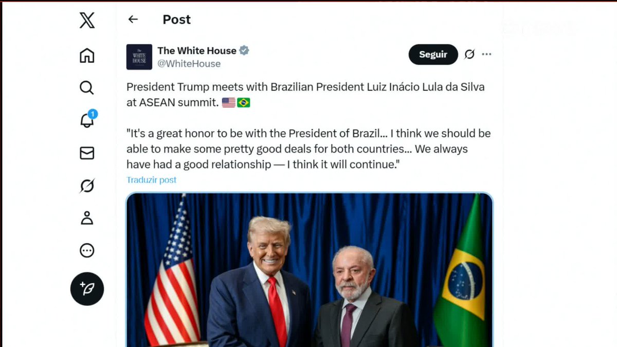 Perfil oficial da Casa Branca publica foto do encontro entre Trump e Lula: 'É uma grande honra estar com o presidente do Brasil'. #Edição12 ➡️ Assista à #GloboNews:
