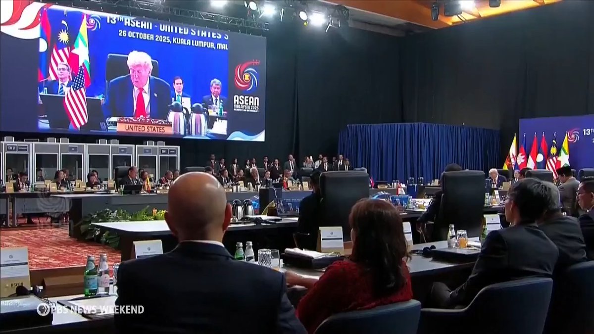 On the first day of his nearly week-long Asia trip, President Donald Trump sought to shift attention from controversies at home to deals struck with allies in the region. In Kuala Lumpur for a summit of Asian leaders, Trump took part in a ceremony to sign a series of agreements — an accord ending the brief war between Cambodia and Thailand and economic deals with both of those nations and with Malaysia. Addressing the summit, Trump tried to reassure a region that’s been hit hard by U.S. tariffs. U.S. and Chinese negotiators aim to have a final deal by Thursday, when the president meets with Chinese leader Xi Jinping in South Korea. John Yang spoke with Jon Czin of the Brookings Institution, who was a China director on President Biden’s National Security Council and a senior China analyst for the CIA.