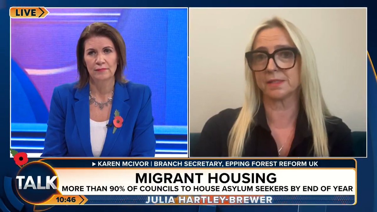"Britain is broken. We need radical change. Somebody has to say stop, we can't carry on." Epping resident and Reform activist Karen McIvor reacts to a new report that highlights billions of taxpayers' money wasted on asylum hotels. Julia Hartley-Brewer