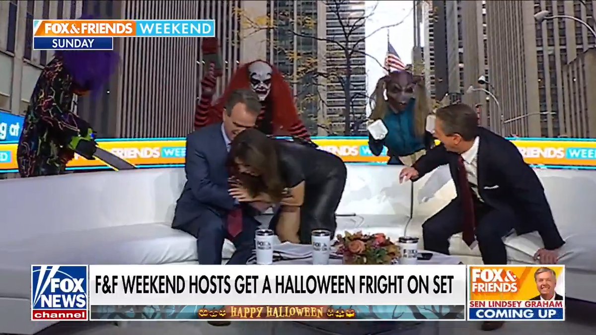 ON-AIR SCARE: 'Fox & Friends Weekend' hosts got the fright of their life after spooky Halloween characters stormed the set — but one host stayed completely unfazed. | FOX & Friends Griff Jenkins Rachel Campos-Duffy Charlie Hurt