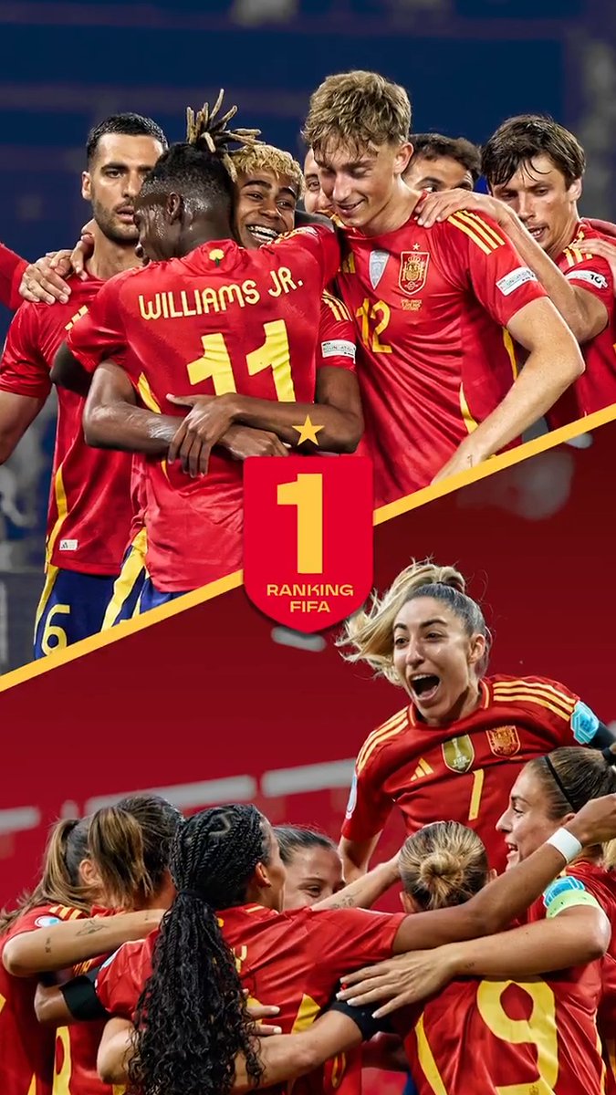 Hemos logrado algo único. La Selección Española Masculina de Fútbol y la Selección Española Masculina de FútbolFem compartimos el NÚMERO UNO del ránking FIFA. Pero la historia, nuestra historia, no se detiene aquí. Juntos, afición, VAMOS A POR MÁS. #VamosEspaña | #LucharJugarYGanar