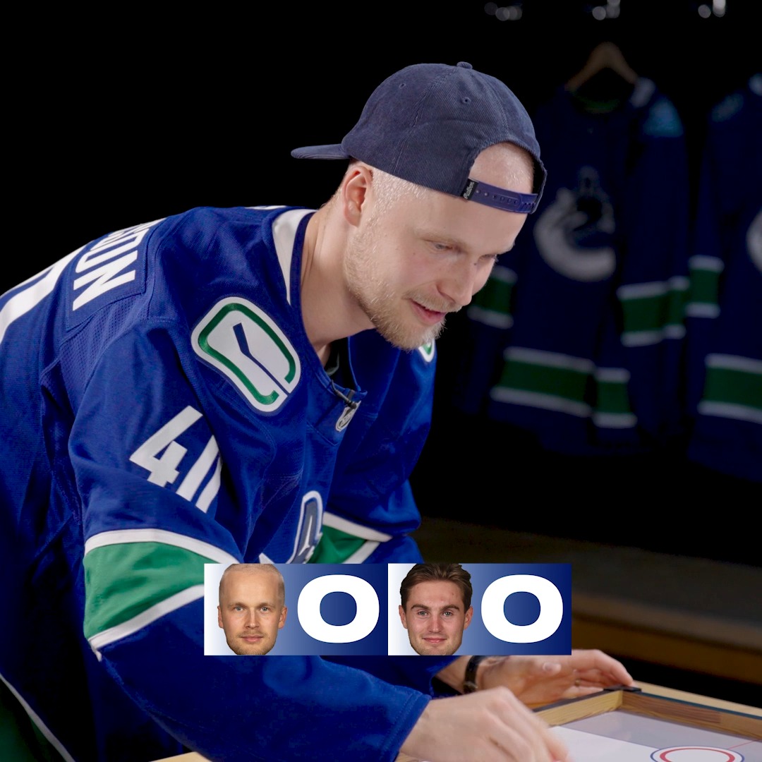 "This is going to be a grind, defensive battle here!" #Canucks duel it out off the ice with a game of Air Hockey! 🏒
